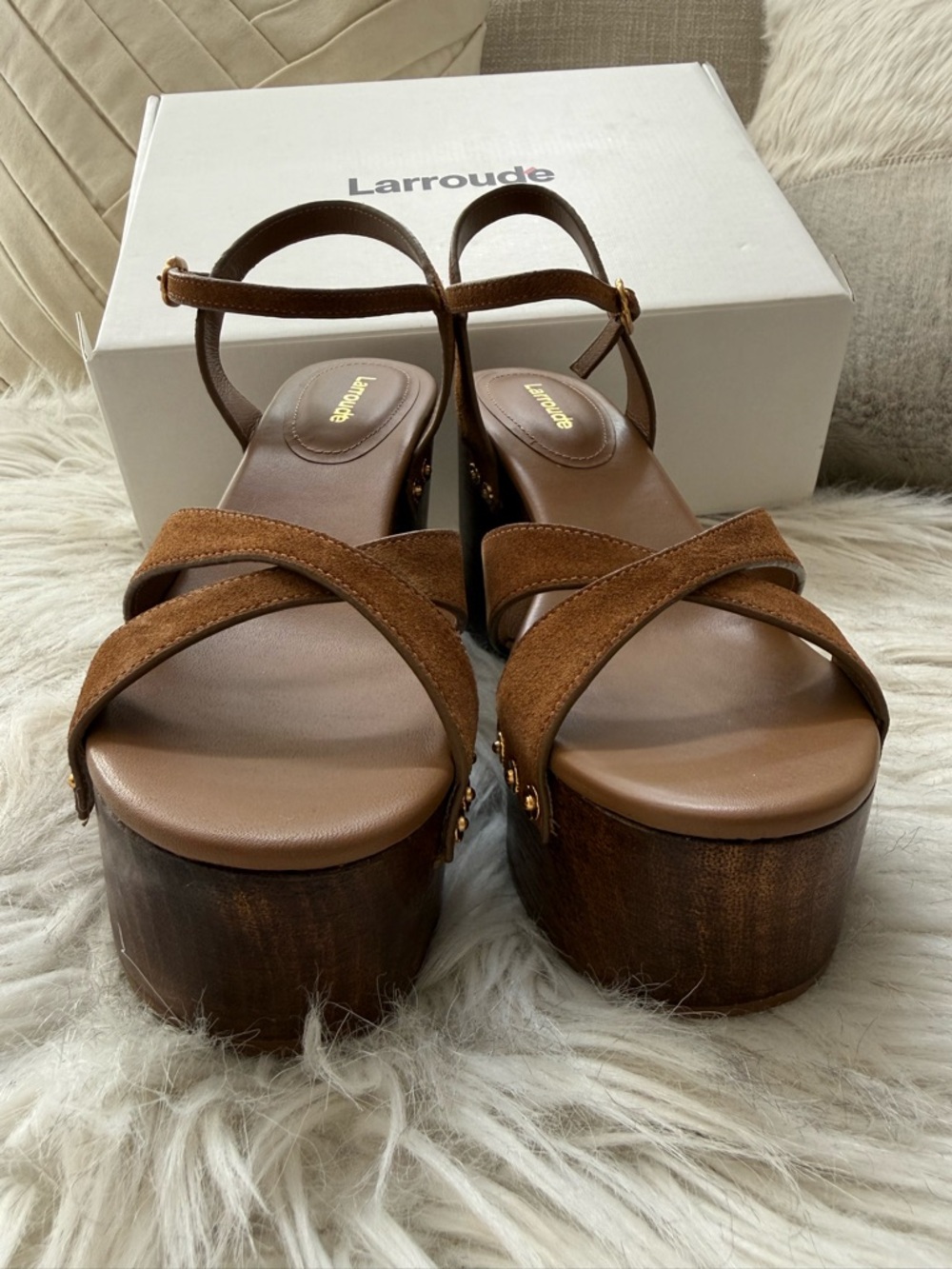 Larroude Talitha Russet Suede Platform Sandals with Gold Studs - Picture 9 of 12